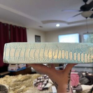 The ESV Jesus Bible that has blue Ostrich leg spine and white lambskin